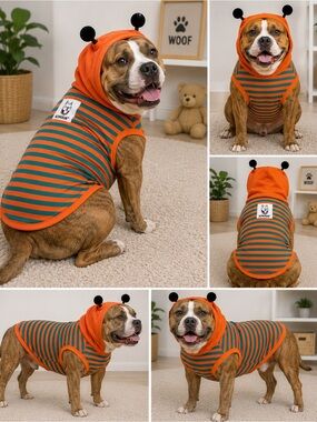 ICHOUe Dog Hoodie 2XL Orange Green Striped Hooded Pet Sweater Pom Pom NWT